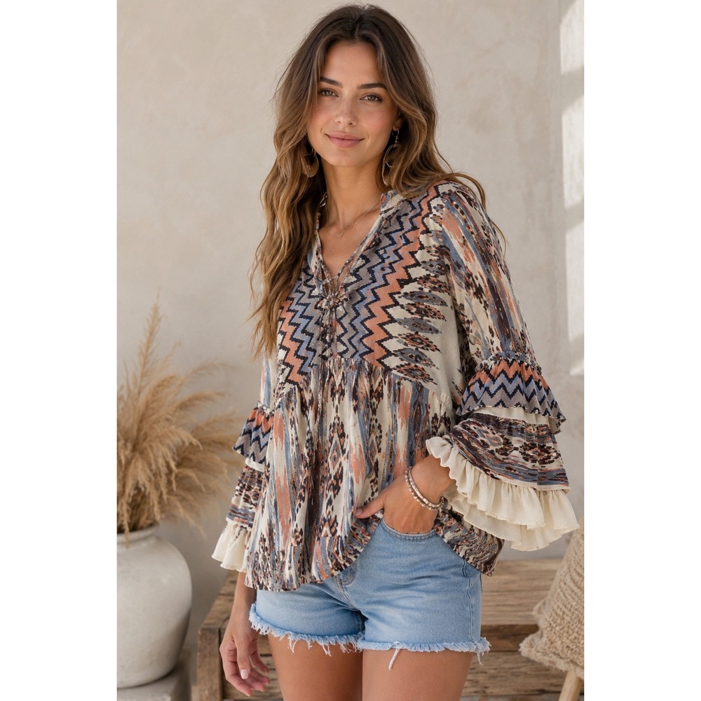 KAS New York Boho Ikat Print Ruffle Bell Sleeve V-Neck Blouse Peach Blue Small